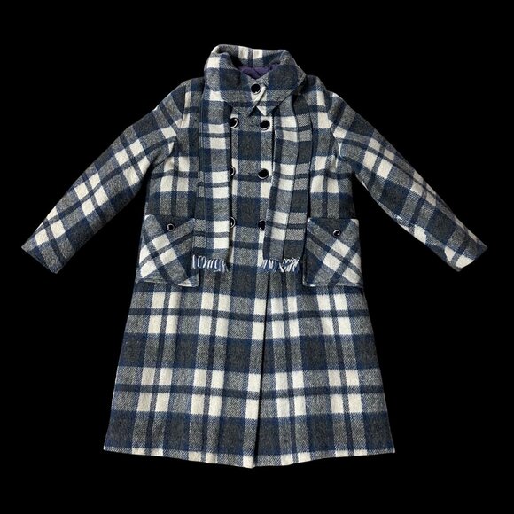 Vintage Womens Coat Scarf Plaid Wool Blend Union Made USA Blue White 1970s - Picture 2 of 8